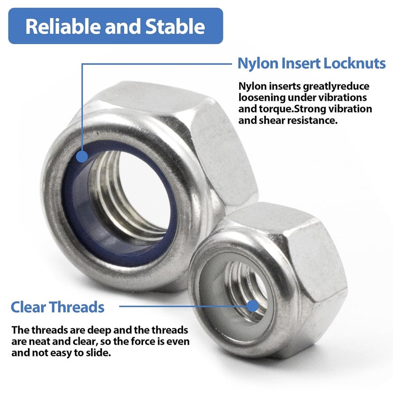 ZQZ 348 Pack SAE & Metric Nylon Insert Locknuts Kit,6#32 8#32 10#24 10#32 1/4-20 5/16-18 3/8-16 1/2-13 M3 M4 M5 M6 M8 M10 M12 304 Stainless Steel Standard Thread Nylock Nuts - Image 5